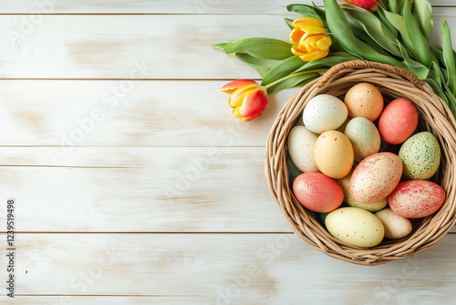 Festive Easter Composition with a Basket of Eggs and Tulips on a White Wooden Surface
