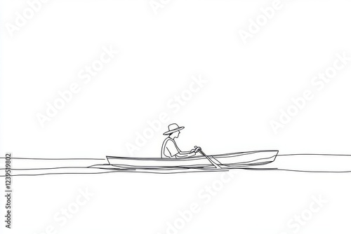 One seamless line. A man holding an oar in a boat. The boatman. The boat is on the water. One seamless line on a white background photo