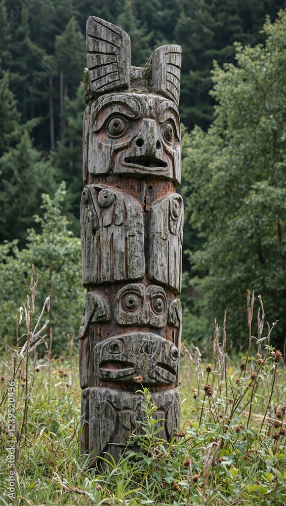 Ancient totem pole with hawks and salmon carvings in overgrown meadow Ancient totem pole with hawks and salmon carvings in overgrown meadow