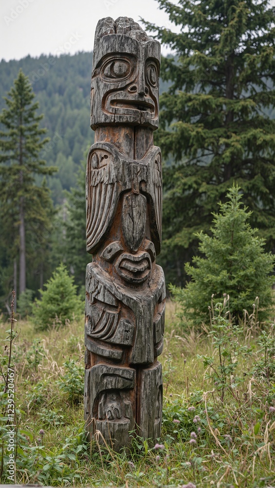 Ancient totem pole with hawks and salmon carvings in overgrown meadow Ancient totem pole with hawks and salmon carvings in overgrown meadow