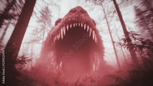 A terrifyingly large dinosaur emerges from a misty forest, its gaping jaws a chilling sight. photo