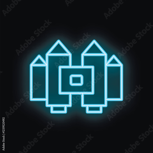 Blue neon icon of a space rocket launching up on a black background