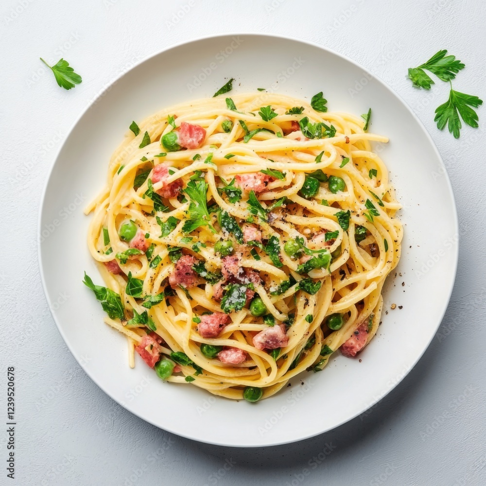 Creamy Pasta Dish with Green Peas and Fresh Herbs on a Light Background Creamy Pasta Dish with Green Peas and Fresh Herbs on a Light Background