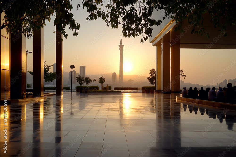 Obraz premium A serene Eid morning scene with a misty mosque courtyard, a few people praying, and a bright sunrise in the background, conveying a sense of peace and tranquility.