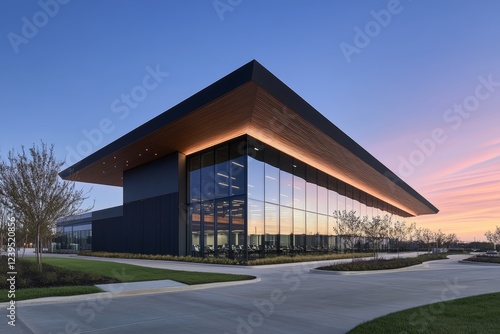 Wallpaper Mural Modern glass building at sunset with sleek lines and reflective windows Torontodigital.ca