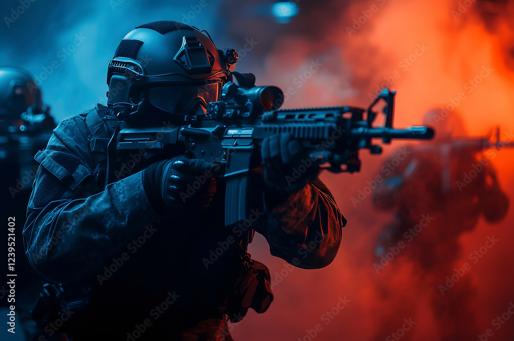 Tactical Special Forces in Action with Assault Rifles Tactical Special Forces in Action with Assault Rifles