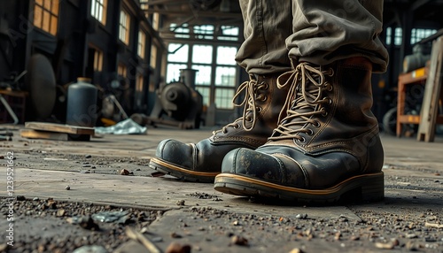 A pair of dirty leather worker boots on a dusty factory floor.