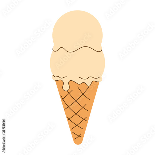 Flat hand drawn image of two scoops of ice cream soft, melted vanilla classic creamy in waffle cone isolated on transparent background. Summer flavor creme brulee. Minimalistic vector illustration EPS