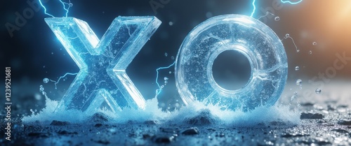 The striking image features the letters X and O crafted from shimmering ice, surrounded by splashes of water and dramatic electric sparks. This captivating scene evokes a sense of energy and
