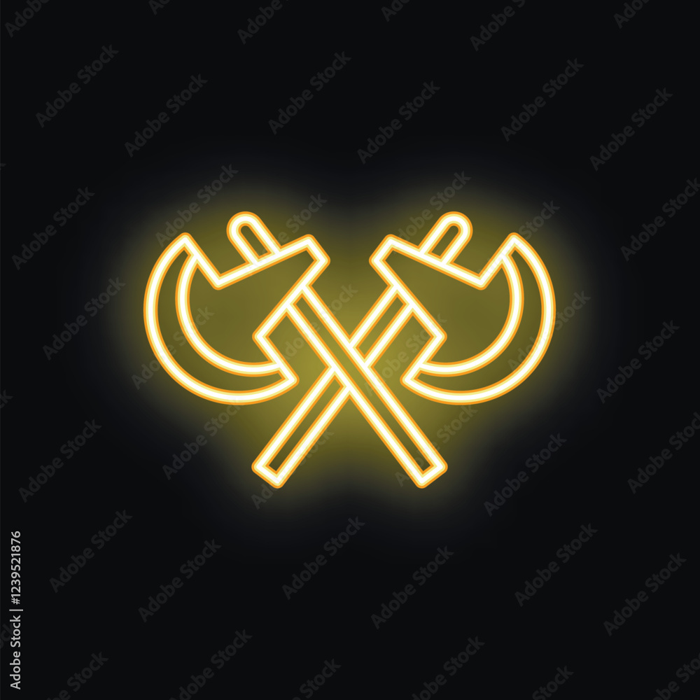 Neon sign icon of two crossed axes is glowing yellow on a black background Neon sign icon of two crossed axes is glowing yellow on a black background