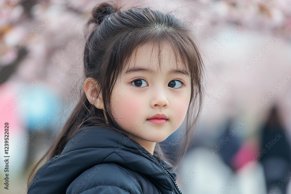 Generative AI artwork of a cute Japanese child enjoying the vibrant spring blossoms in a serene park setting Generative AI artwork of a cute Japanese child enjoying the vibrant spring blossoms in a serene park setting