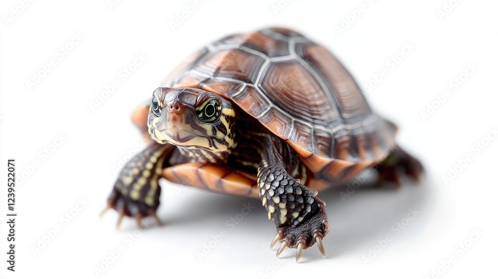 Obraz premium Baby turtle crawling, white background, wildlife pet