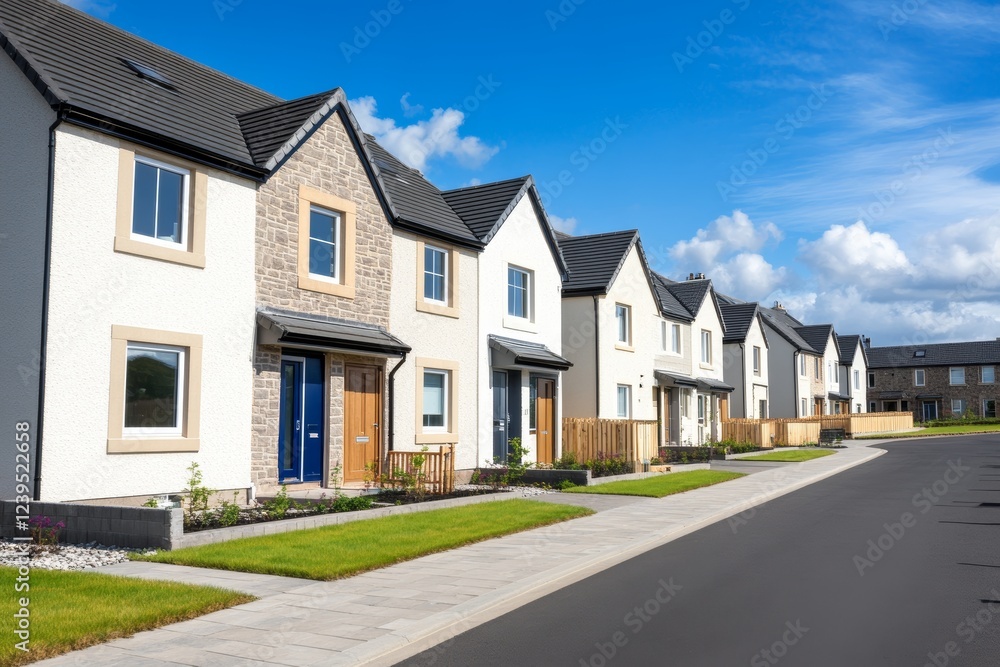 Modern suburban neighborhood with row of identical two-story houses and blue skies Modern suburban neighborhood with row of identical two-story houses and blue skies