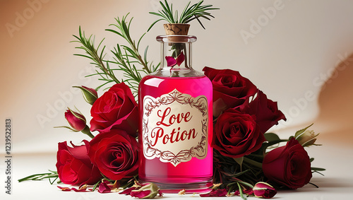 LOVE Potion Bottle with Pink Elixir and Roses in Background