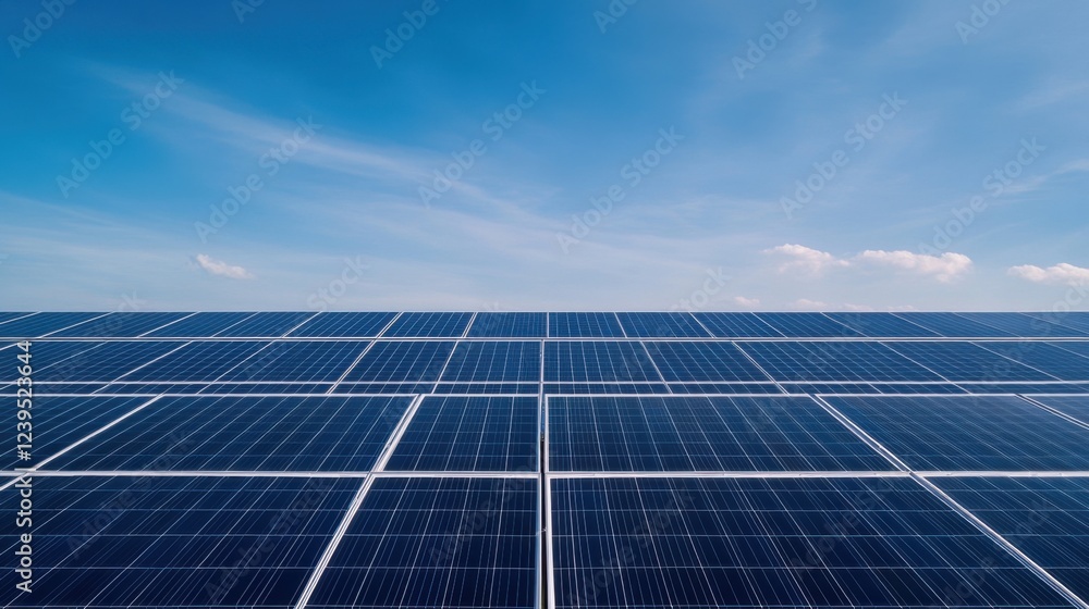 Vast Solar Panel Array Under Clear Blue Sky with Soft White Clouds in Daytime Energy Generation Concept Vast Solar Panel Array Under Clear Blue Sky with Soft White Clouds in Daytime Energy Generation Concept