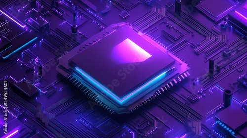 Abstract digital processor with intricate circuits and vibrant purple glow technology