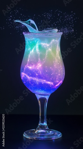 Neon smoke futuristic cyberpank cocktail. Galaxy bar alcohol drink concept on cosmic background. Modern sci-fi aesthetic. photo