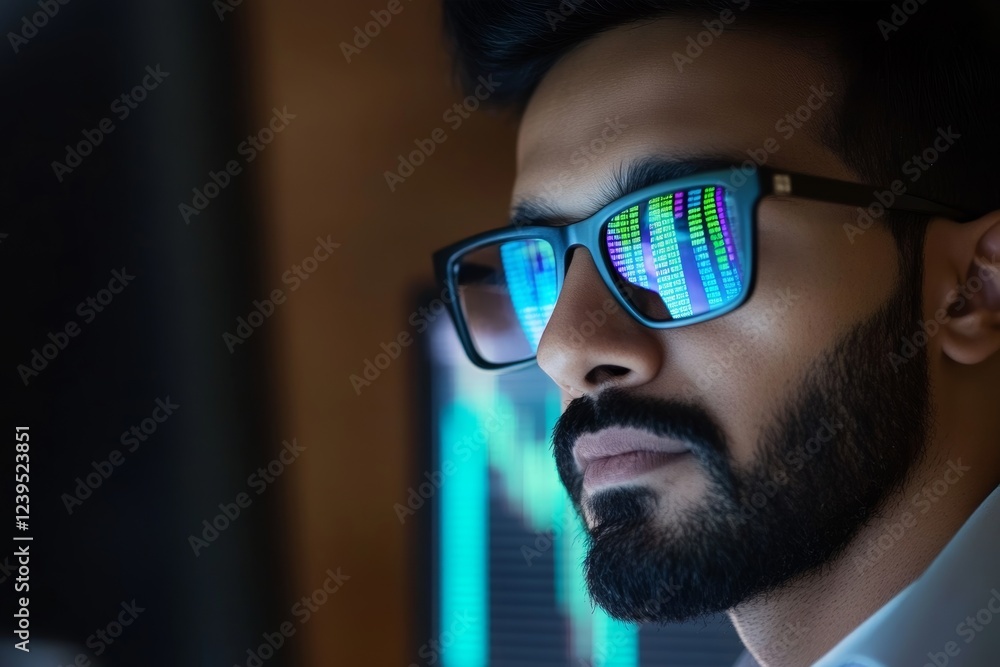 Male analyst reviewing stock market data with reflections in glasses Male analyst reviewing stock market data with reflections in glasses