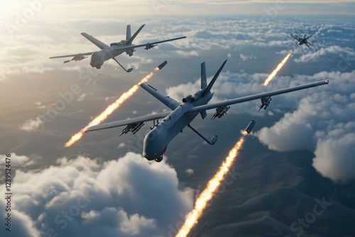 Military drones firing missiles over cloudy landscape in aerial combat scene photo