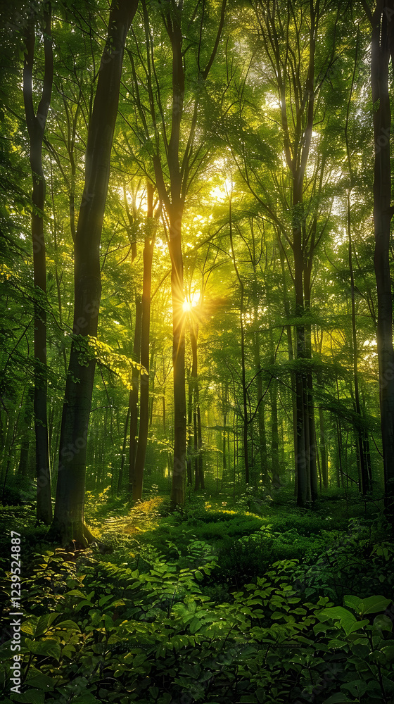 Fototapeta premium Tranquil Dawn in an Enchanted Forest - Capturing Nature's Serene Beauty and Golden Light