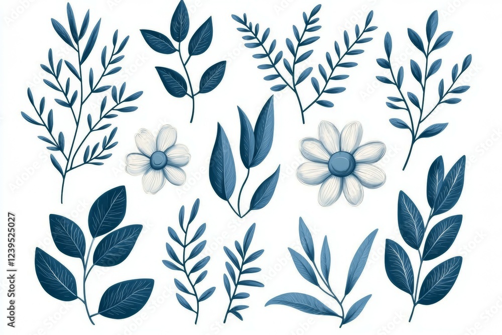 Collection of blue and white flowers and leaves Collection of blue and white flowers and leaves