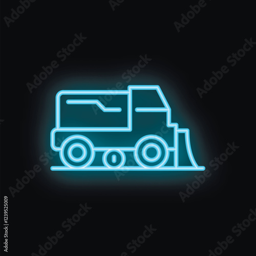 Blue neon icon of a snowplow truck cleaning a road from snow