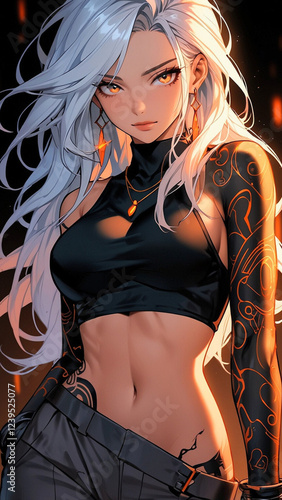A stunning female character with long, flowing and stylized white hair, styled with wild, slightly messy strands, and light skin
