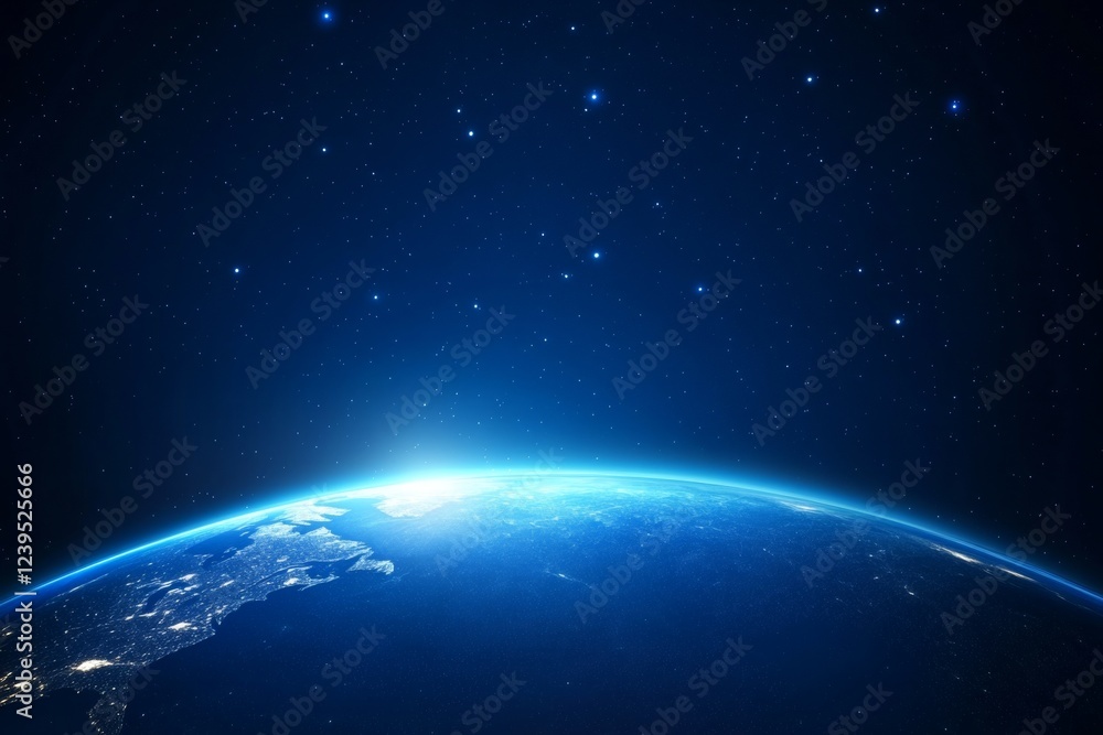 Obraz premium Earth at dawn with stars in night sky from space