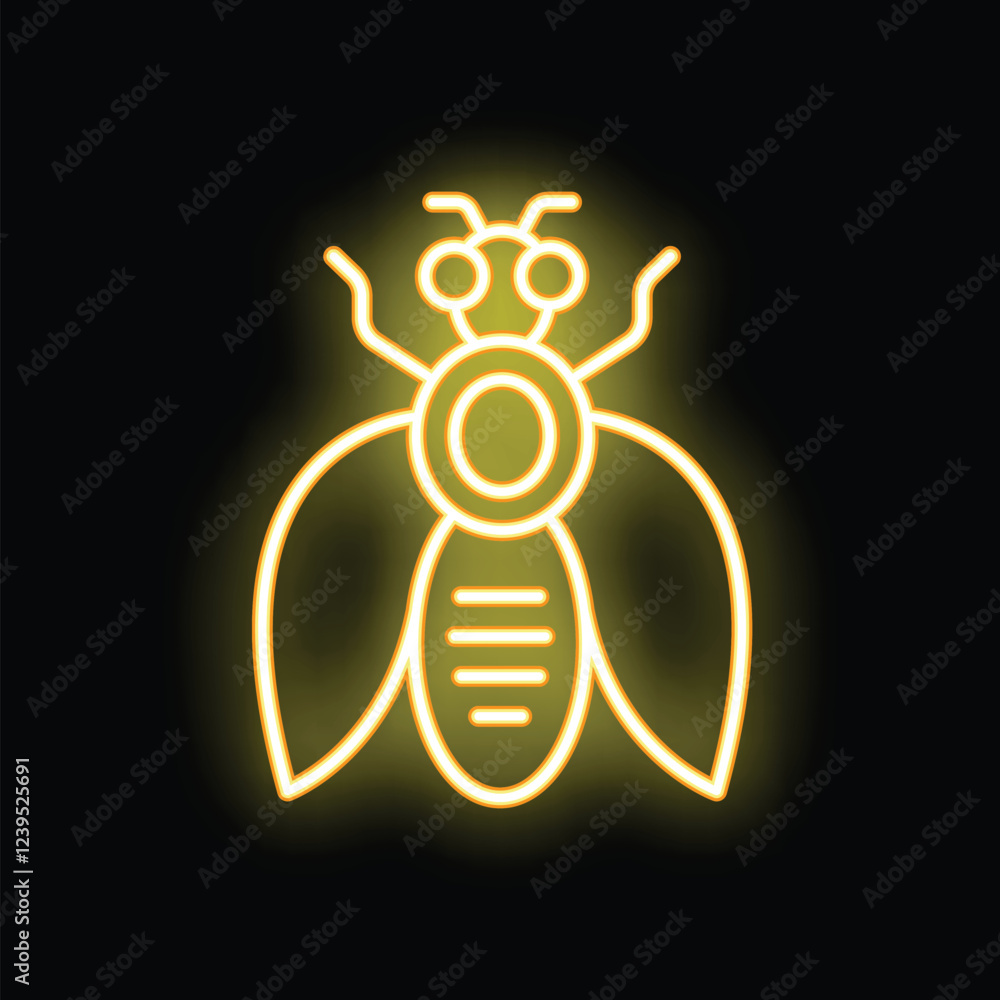Yellow neon sign illuminating a stylized bee icon with a black background Yellow neon sign illuminating a stylized bee icon with a black background
