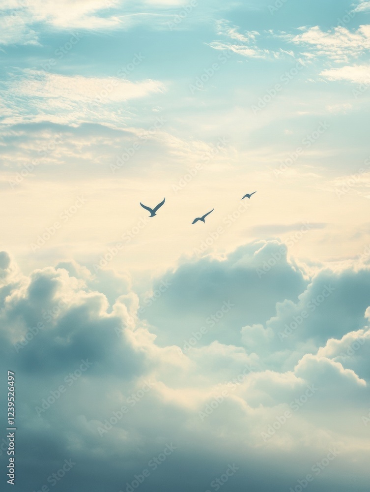 Fototapeta premium Birds soar through soft clouds in a serene sky during a tranquil afternoon. Generative AI