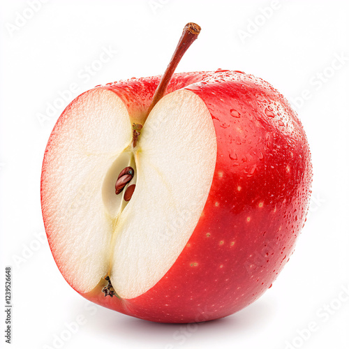 Fresh red apple, halved, with visible core and crunchy yellow interior on a white background for healthy eating photo