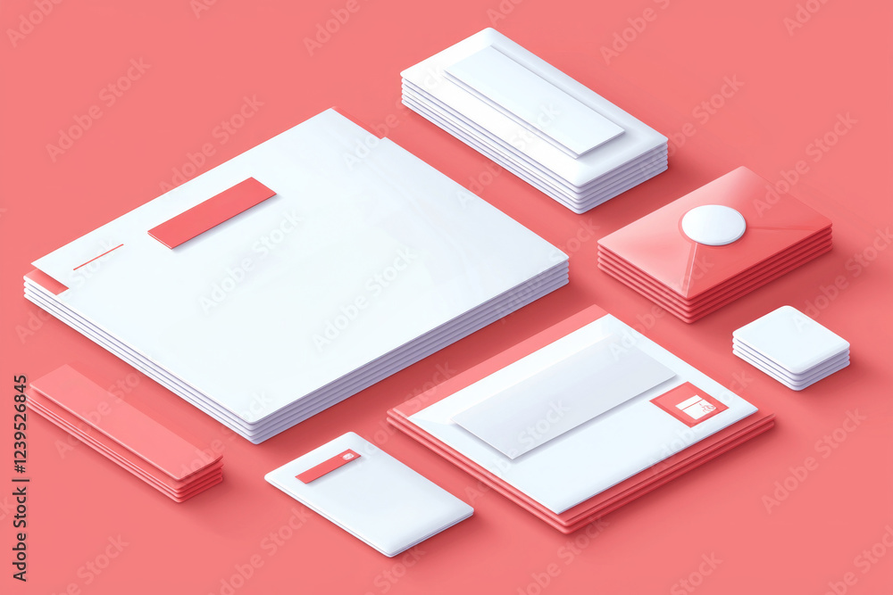Flat design showcases complete set of stationery on coral background featuring letterhead envelope and business card arranged neatly showcasing modern branding. Flat design showcases complete set of stationery on coral background featuring letterhead envelope and business card arranged neatly showcasing modern branding.