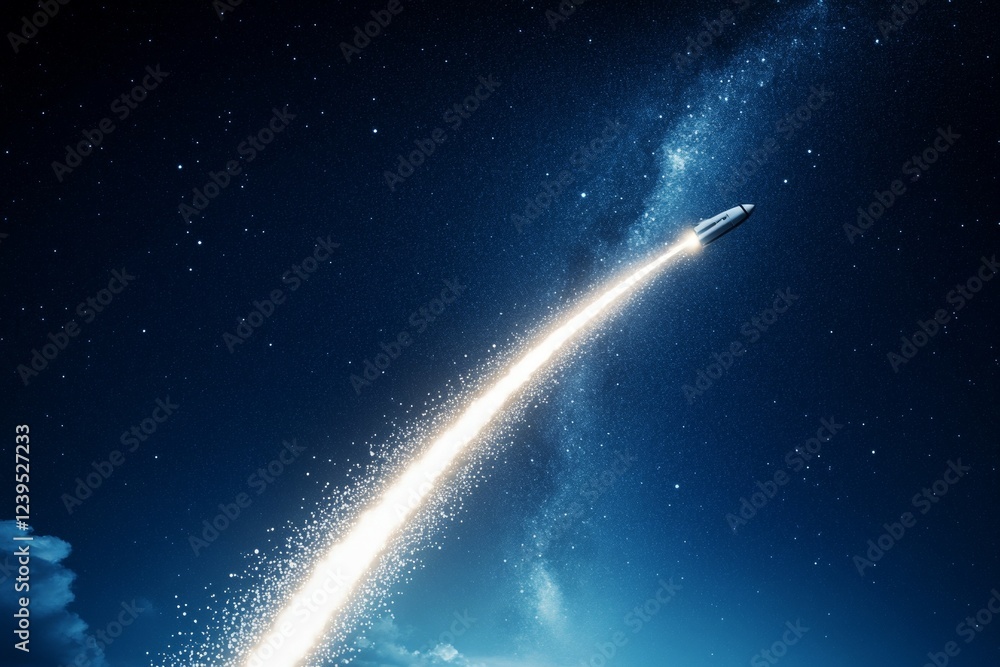 Space rocket launching towards starry galactic sky Space rocket launching towards starry galactic sky