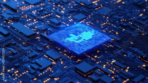 Glowing circuit board with a central processor showcasing advanced technological design