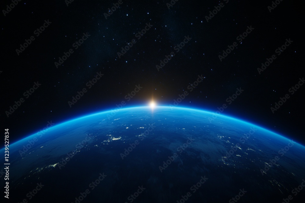 Stunning view of earth from space with rising sun at horizon Stunning view of earth from space with rising sun at horizon