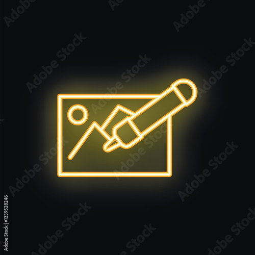 Yellow neon sign representing a stylus drawing a mountain landscape on a tablet, on black background