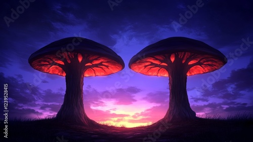 Wallpaper Mural Two glowing mushroom trees stand silhouetted against a vibrant sunset, creating a magical and surreal scene. Torontodigital.ca