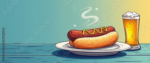 A mouthwatering hot dog, perfectly grilled and topped with vibrant yellow mustard, sits on a white plate beside a chilled glass of beer. This inviting scene captures the essence of casual dining and