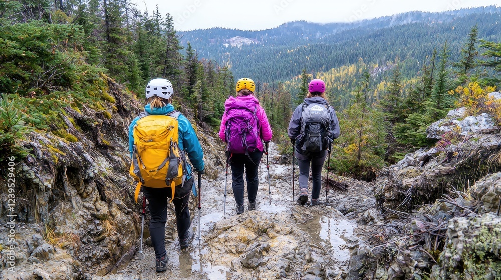 Women hiking mountain trail, autumn landscape Women hiking mountain trail, autumn landscape