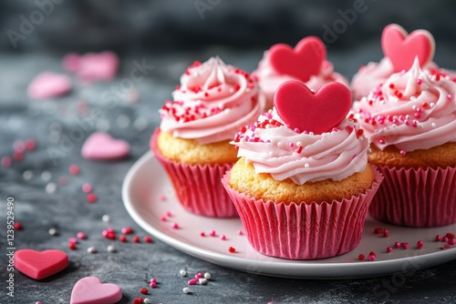 Valentine s Day cupcakes with heart filling topped with heart shaped sprinkles on a white plate Love theme Close up photo