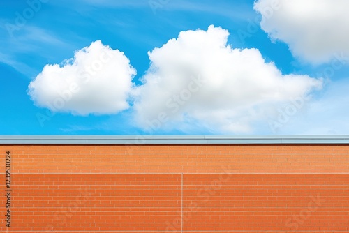 Vertical orange brick façade and horizontal red brick atop a strip mall under a cloudy blue sky photo