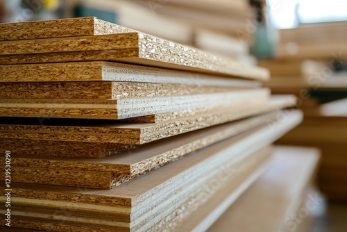 Veneered chipboard for furniture making in the workshop photo