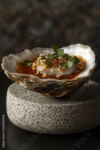 Gourmet fine dining oyster with sauce and greens on a stone pedestal, elegant dark background composition, Fine dining oyster food styling photo