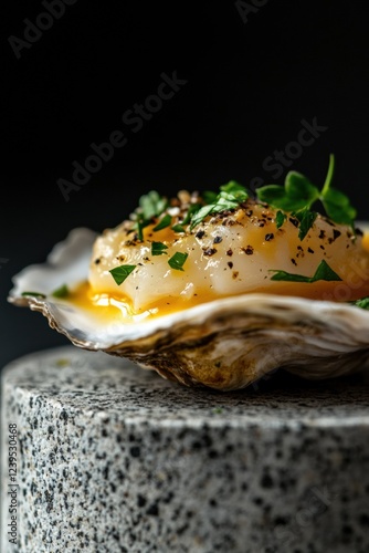 Gourmet fine dining oyster with sauce and greens on a stone pedestal, elegant dark background composition, Fine dining oyster food styling photo