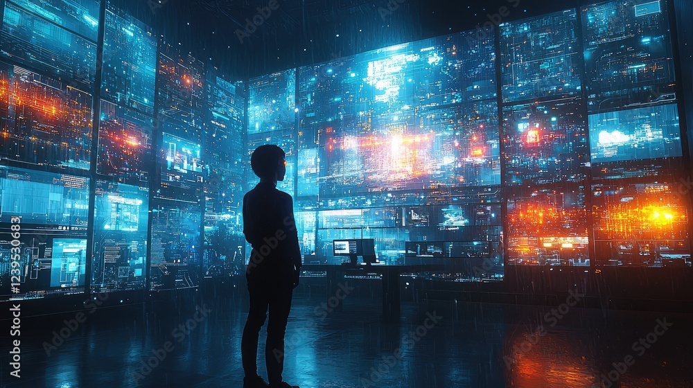 A man stands in front of a wall of computer monitors A man stands in front of a wall of computer monitors