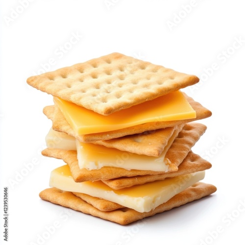 Stacked crackers with layers of cheese on a white background for snack and appetizer concepts