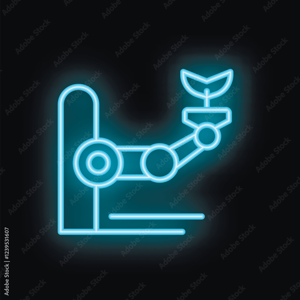 Blue neon icon of a robotic arm holding a small plant, representing innovation in agricultural technology Blue neon icon of a robotic arm holding a small plant, representing innovation in agricultural technology