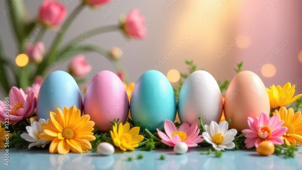 Five beautifully decorated Easter eggs in pastel shades sit amidst a scattering of vibrant spring flowers. Soft, twinkling lights fill the space with joy and create a magical atmosphere Five beautifully decorated Easter eggs in pastel shades sit amidst a scattering of vibrant spring flowers. Soft, twinkling lights fill the space with joy and create a magical atmosphere