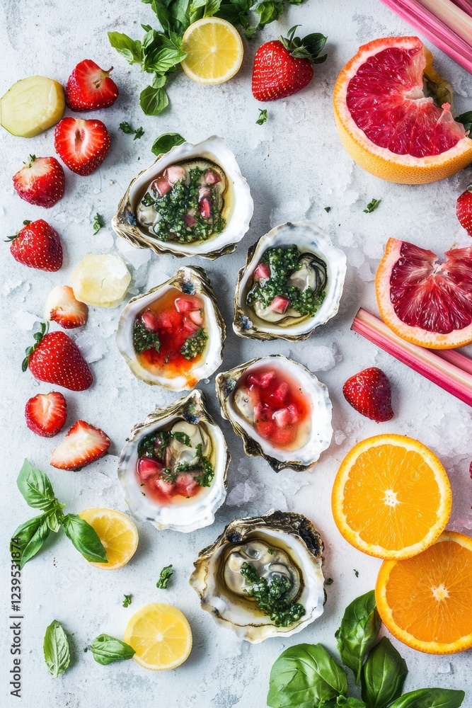 Spring flat lay of oysters with sauce, seasonal fruits, berries and fresh herbs on a light airy background. Spring oysters food styling Spring flat lay of oysters with sauce, seasonal fruits, berries and fresh herbs on a light airy background. Spring oysters food styling