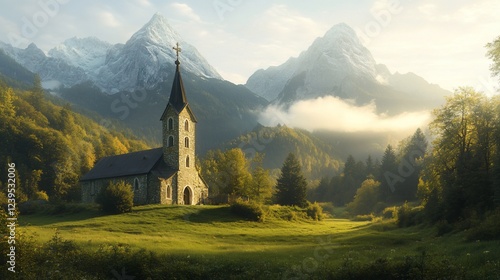 Alpine church at dawn, nestled in valley with mountains